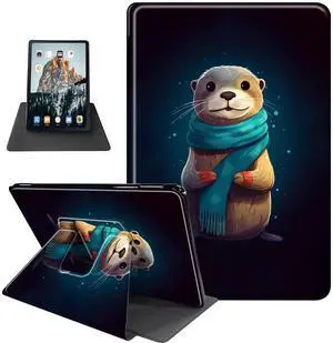 Case for All-New Kindle 6" (11th Generation 2022 Release) with Soft TPU Buffer, PU Leather Cover 360° Swivel Stand, Auto Wake/Sleep Shockproof Only for Basic Kindle 2022, an Otter in A Scarf