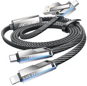 SHEZI Multi 4-in-1 USB C Cable [90W Fast Charging & Data Sync] Flat Nylon Braided Multiple Charger Cord with L/Type C/USB A Ports for iPhone Samsung-5ft