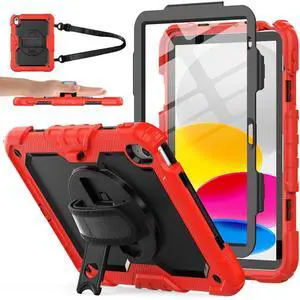 Sibeitu for iPad (A16) 11th/ 10th Generation Heavy Duty Case 10.9 Inch 2025/2022 with Screen Protector, Military Grade Defender Protection, Rugged Shockproof Cover with Stand & Strap, Red