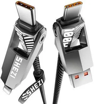 SHEZI Upgraded 4-in-1 100W 3FT USB C Cable Lightning Cable, Nylon Braided Fast Charging iPhone iPad Charger Cord [480Mbps Data Sync],Multi Charging Cable with Lightning/Type C/USB A, Grey
