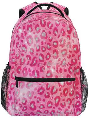 Pink Red Sparkling Leopard Kids Backpack Backpacks for Girls Silver Back Pack Casual Daypack 16 inch Laptop Bag Double Zipper Travel Sports Bags with Adjustable Shoulder Strap