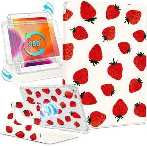 Shorogyt for iPad 9th/8th/7th Generation 10.2 Inch Case Magnetic Stand for Women - Cute Design 360 Degree Rotating Covers Girls with Pencil Holder for Apple i Pad 9/8/7 Gen,Red Strawberry