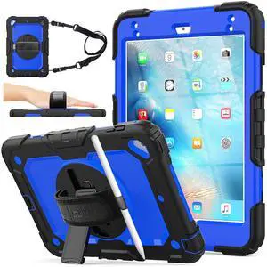 SEYMAC stock Case for iPad Mini 5/4 with Screen Protector Pencil Holder [360 Rotating Hand Strap] & Stand, Drop-Proof Case for iPad Mini 5th/4th Generation 7.9 inch (Blue+Black)