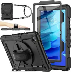 SEYMAC stock Case for Samsung Galaxy Tab A7 10.4 2022/2020 (T503/T509/T500/T505/T507) with Screen Protector, 360 Rotating Stand & Hand Strap, Drop-Proof Case, Black