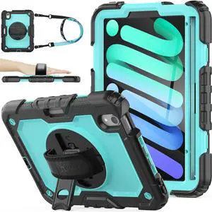 SEYMAC stock Case for iPad Mini 7 (A17 Pro)2024/ Mini 6 8.3'' with Screen Protector Pencil Holder [360 Rotating Hand Strap] &Stand, Drop-Proof Case for iPad Mini 7th/6th Generation 8.3", SkyBlue+Black