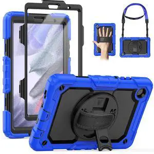 SEYMAC Case for Samsung Galaxy Tab A7 Lite 8.7" (SM-T220/ T225/ T227), Heavy Duty Full-Body Shockproof Protective Case with Screen Protector, Rotating Stand, Hand/Shoulder Strap, Blue