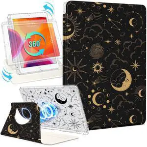 Shorogyt for iPad 9th/8th/7th Generation 10.2 Inch Case Magnetic Stand for Women - Cute Design 360 Degree Rotating Covers Girls Aesthetic with Pencil Holder for Apple i Pad 9/8/7 Gen,Sun Moon