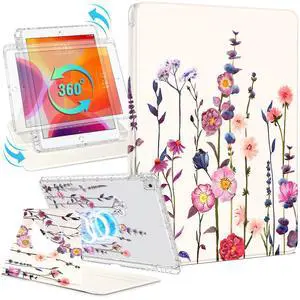 Shorogyt for iPad 9th/8th/7th Generation 10.2 Inch Case Magnetic Stand for Women - Cute Design 360 Degree Rotating Covers Girls Kids with Pencil Holder for Apple i Pad 9/8/7 Gen,Little Flower