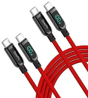 SOOPII 100W USB C to USB C Cable,[10ft,2-Pack],Nylon Braided Fast Charging Cable with LED Display for lPhone 15/15 Pro/15 Plus,lPad Air,MacBook Pro, Galaxy S24/S23(Red)
