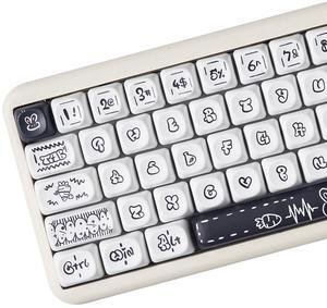 PBT Black White Keycaps, MOA Profile Keycaps, Pbt Cute Rabbit Keyboard Keycaps Set,130 Round Keys Suitable for Cherry Mx Switch Keyboard (White)