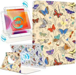Shorogyt for iPad 9th/8th/7th Generation 10.2 Inch Case Magnetic Stand for Women - Cute Design 360 Degree Rotating Covers Girls Aesthetic with Pencil Holder for Apple i Pad 9/8/7 Gen,Butterflies