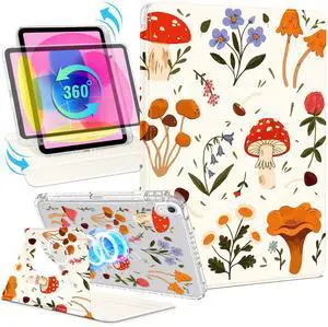 Shorogyt for iPad A16 11th Generation 11 inch 2025 /for i Pad 10th Generation case Magnetic Stand for Women - Cute Design 360 Degree Rotating Covers Girls Aesthetic with Pencil Holder,Mushroom