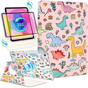 Shorogyt for iPad Air 11 Inch Case M3 2025&M2 2024/Air 5th Generation 2022/Air 4th Gen 2020/Pro 11 Inch Case Magnetic Stand for Women - Cute 360 Degree Rotating Covers Girls Pencil Holder,Dinosaur