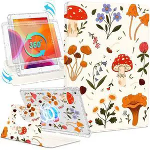 Shorogyt for iPad 9th/8th/7th Generation 10.2 Inch Case Magnetic Stand for Women - Cute Design 360 Degree Rotating Covers Girls Aesthetic with Pencil Holder for Apple i Pad 9/8/7 Gen,Mushroom