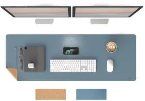 RENMTURE Dual-Sided Mouse Pad, Natural Cork & PU Leather Large Desk Pad for Office and Home Work, Desk Protector Non-Slip, Waterproof, Easy Clean (Blue Gray,47"x17")