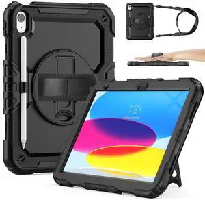 Sibeitu for iPad (A16) 11th/ 10th Generation Heavy Duty Case for Work 10.9 Inch 2025/2022 with Screen Protector, Military Grade Defender Protection, Rugged Shockproof Cover with Stand & Strap, Black
