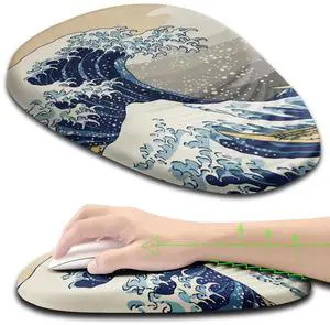 Armanza Ergonomic Mouse Pad Wrist Rest, Japanese Sea Wave Mouse Pad with Wrist Support, Memory Foam Massage Design & Non-Slip PU Base MousePads for Pain Relief, Desk, Office, Home, Kanagawa Wave