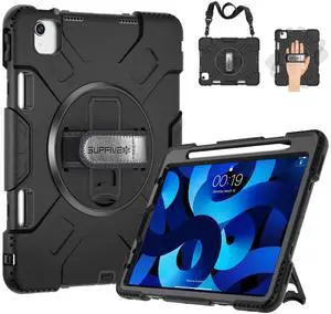 SUPFIVES Case for iPad Air 5th Generation 10.9 Inch 2022: Military Grade Silicone Protective Cover for iPad Air 4th Gen/iPad Pro 11 with Pencil Holder+ Rotating Stand+ Handle+ Shoulder Strap(Black)