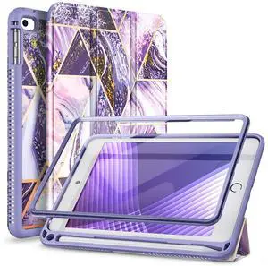 SURITCH Case for iPad mini 4/iPad mini 5,[Built-in Screen Protector][Pencil Holder] Full Body Trifold Stand Protective Case Smart Cover with Auto Wake/Sleep for Apple iPad mini 4/5 7.9"-Purple Marble
