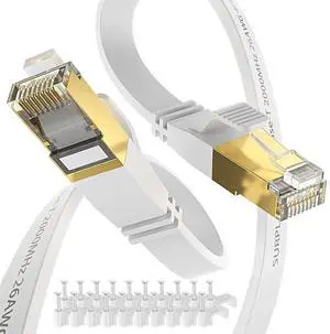 Surplay Cat8 Ethernet Cable 50FT-White-40Gbps High Speed Outdoor&Indoor Double Shielded with Ground Wire & Gold-Plated RJ45 Flat Cord for Long Distance IP-Camera,TV,Router,NAS(30 Clips)