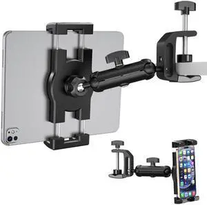 TeQable iPad Under Cabinet Mount, Kitchen Tablet Mount Holder, iPad Desk Mount w/Clamp, Aluminum Base&Metal Arm, 360° Rotation, Compatible with 4.7"-12.9" iPad Pro/Air/Mini/Kindles/Galaxy Tab/Phones