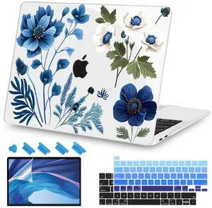 Teryeefi Compatible with M2 M1 MacBook Pro 13 Inch Case A2338 A2289 A2251 A2159 A1989 A1706 A1708 (2024 20203 2022-2016), Hard Shell Case & Keyboard Cover for Mac Pro 13" - Blue Plant Flower