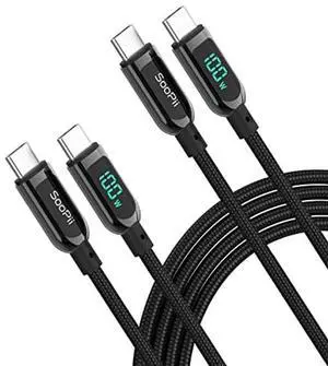 SOOPII 100W USB C to USB C Cable,[10ft,2-Pack],Nylon Braided Fast Charging Cable with LED Display for lPhone 15/15 Pro/15 Plus,lPad Air,MacBook Pro, Galaxy S24/S23(Black)