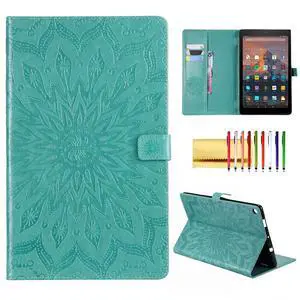 Folio Case for Fire HD 10 (9th/7th/5th Generation, 2019/2017/2015 Release), Techcircle Sunflower Embossed Stand Protective Cover with Card/Cash Holder, for  Fire HD 10.1 Inch Tablet, Green