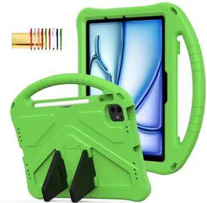 Kids Case for iPad Pro 11-inch (M5) 2025/(M4) 2024, Air 11" M3/M2 Case with Pencil Holder, Techcircle Lightweight Shockproof EVA Foam Handle Stand Anti-Slip Grip Rugged Cover, Green