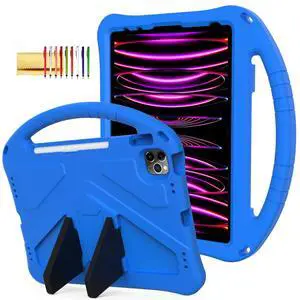 Techcircle Kids Case for iPad Pro 11" 2022/2021/2020/2018, iPad Air 5th/4th Generation With Pencil Holder, Lightweight Shockproof EVA Foam Handle Stand Anti-Slip Grip Rugged, Blue