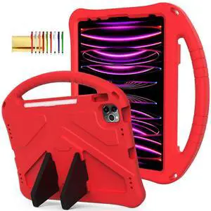 Kids Case for iPad Pro 11" 2022/2021/2020/2018, iPad Air 5th/4th Generation Case with Pencil Holder, Techcircle Lightweight Shockproof EVA Foam Handle Stand Anti-Slip Grip Rugged Case, Red