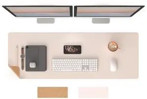 RENMTURE Dual-Sided Mouse Pad, Natural Cork & PU Leather Large Desk Pad for Office and Home Work, Desk Protector Non-Slip, Waterproof, Easy Clean (Apricot,47"x17")