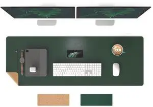 RENMTURE Dual-Sided Mouse Pad, Natural Cork & PU Leather Large Desk Pad for Office and Home Work, Desk Protector Non-Slip, Waterproof, Easy Clean (Dark Green, 47"x17")