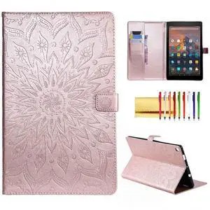 Folio Case for Fire HD 10 (9th/7th/5th Generation, 2019/2017/2015 Release), Techcircle Sunflower Embossed Stand Protective Cover with Card/Cash Holder, for  Fire HD 10.1 Inch Tablet, Rose Gold