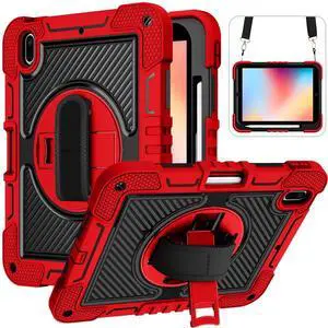 Shockproof Case for iPad 10th Gen 2022, iPad (A16) 2025 11-inch Case with Shoulder Strap+Pencil Holder, Techcircle Heavy Duty Rotating Kickstand Hand Strap Rugged Protective Cover, Red