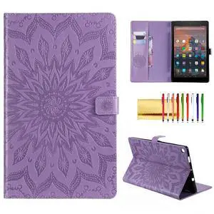 Folio Case for Fire HD 10 (9th/7th/5th Generation, 2019/2017/2015 Release), Techcircle Sunflower Embossed Stand Protective Cover with Card/Cash Holder, for Amazon Fire HD 10.1 Inch Tablet, Purple