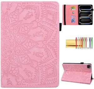 Folio Case for iPad Pro 13-inch M4 (2024) 7th Gen, Techcircle Anti-Slip Stand Mandala Embossed PU Leather Soft TPU Back Protective Cover with Elastic Strap, Card Slots & Pencil Holder, Pink