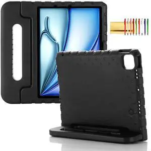 Kids Case for iPad Pro 11" 2024 & iPad Air 11" 2024/2025 Shockproof Case with Pencil Holder, Techcircle Rugged Handle Stand Lightweight EVA Foam Bumper Protective Child Drop Proof Cover, Black
