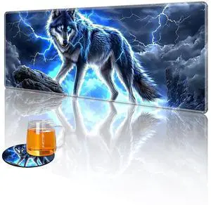 Tudguiloae Large Gaming Mouse Pad with Coaster Edge Stitching Majestic Blue Wolf Keyboard Mouse Mat for Desk Household Extended Desktop Long Mouse Pad Polyester Surface and Non-Slip Rubber Base