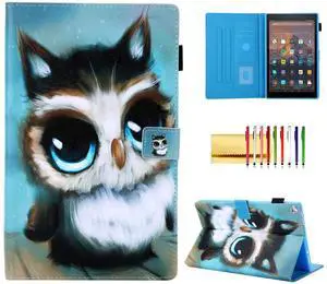 Folio Case for Fire HD 10 (9th/7th/5th Gen, 2019/2017/2015), Techcircle Smart Stand PU Leather Magnetic Flip Protective Cover with Card Slots & Stylus Pen Holder, Support Sleep/Wake, Owl Baby