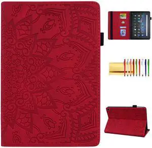 Smart Case Compatible with Amazon Fire HD 10 (11th Gen) 2021, Techcircle Mandala Embossed PU Leather Folio Stand Soft TPU Back Cover Slim Lightweight Protective Case with Card Slots+Pen Holder, Red