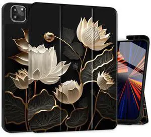 Tuiklol Case for iPad Pro 13 inch Generation 7th 2024 Release M4 Chip - Built in Support Pencil 2 / USB-C, Slim Protective Back Cover with Smart Trifold Stand Auto Wake/Sleep,White & Black Flowers