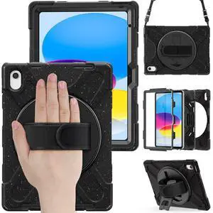 Tuiklol for iPad 11 Inch 2025 A16 Chip 11th Gen/iPad 10th Gen 10.9 Inch 2022, Heavy Duty Shockproof Silicone Cover, with Pencil Holder [360degRotate Hand Stand/Shoulder Strap] for Kid, Sparkly Black A