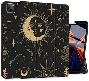 Tuiklol Case for M2 iPad Pro 12.9 inch Generation 6th/5th/4th/3rd 2022 2021 2020 2018 Release - Built in Pencil Holder Slim Protective Stand Back Cover with Auto Wake/Sleep iPad Cover,Moon and Star