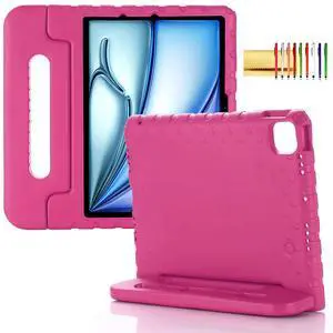 Kids Case for iPad Pro 11" M5 M4 & iPad Air 11" 2025/2024 Shockproof Case with Pencil Holder, Techcircle Rugged Handle Stand Lightweight EVA Foam Bumper Protective Child Drop Proof Cover, Rose