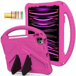 Kids Case for iPad Pro 11" 2022/2021/2020/2018, iPad Air 5th/4th Generation Case with Pencil Holder, Techcircle Lightweight Shockproof EVA Foam Handle Stand Anti-Slip Grip Rugged Case, Rose
