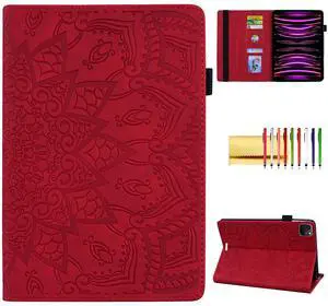 Folio Case for iPad Pro 12.9" 2018-2022, iPad Air 13" (2025/2024) Case - Techcircle Stand Mandala Embossed PU Leather Soft Back Protective Cover w/Elastic Strap, Card Slots, Pencil Holder - Burgundy