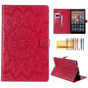 Folio Case for Fire HD 10 (9th/7th/5th Generation, 2019/2017/2015 Release), Techcircle Sunflower Embossed Stand Protective Cover with Card/Cash Holder, for Amazon Fire HD 10.1 Inch Tablet, Red