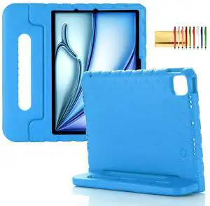 Kids Case for iPad Pro 11" 2024 & iPad Air 11" 2024/2025 Shockproof Case with Pencil Holder, Techcircle Rugged Handle Stand Lightweight EVA Foam Bumper Protective Child Drop Proof Cover, Blue