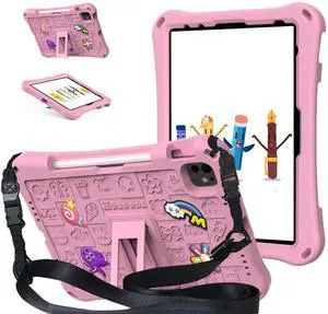 Techcircle Kids Case for iPad Pro 11-inch/Air 10.9" 11", iPad 10th Gen 2022 Cover with Shoulder Strap & Pencil Holder - Shockproof EVA Foam Cartoon Emobossed, Baby Pink